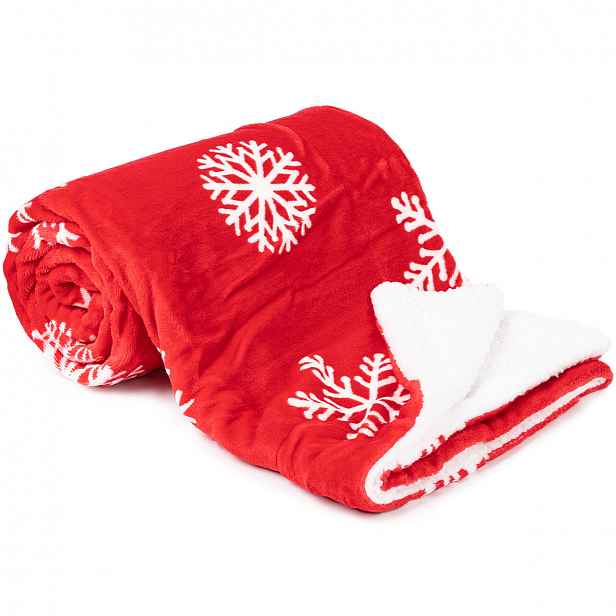 Dětská deka fleecová beránek červená s vločkami, 150 x 130 cm
