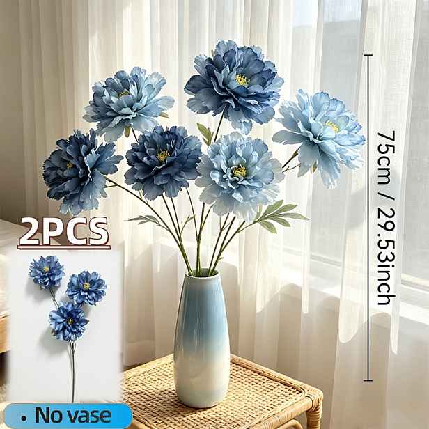 TEMU Ušlechtilá a elegantní velká kytice umělých rozkvetlých pivoněk, prémiová umělá pivoňka s přechodem do modré, 2 svazky = 6 květů - realistický