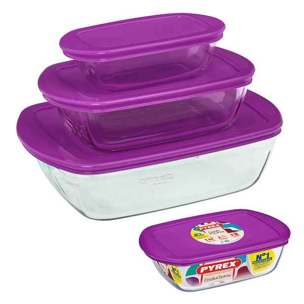 Sada 3x Žáruvzdorná nádoba Cook&Store Pyrex 0,4+ 1,2+ 2,5 L fialová