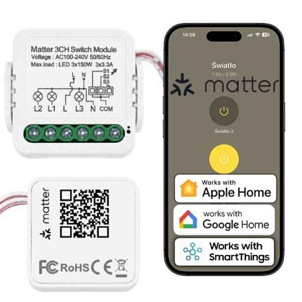 WiFi relé Matter 3-kanálové Apple Home Smart Home