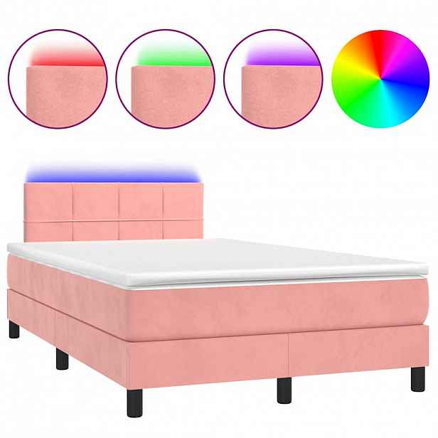 vidaXL Box spring postel s matrací a LED růžová 120x200 cm samet