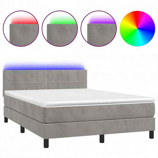 vidaXL Box spring postel s matrací a LED světle šedá 140x190 cm samet