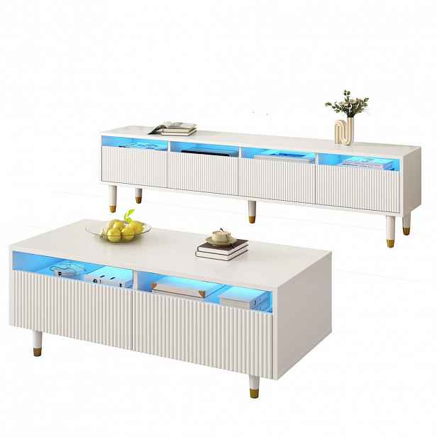 Redom SESTAVA obývacího nábytku TV stolek 178/35/45 cm a Jídelní stůl 110/50/40 cm s LED osvětlením a úložným prostorem, Bílá