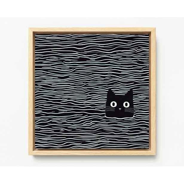 Obraz Rám Americký Box Grafika Minimalismus Vlny Černý Bílý B&w Kočka 60x60