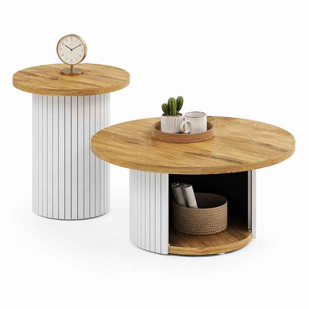 STILVORA SADA KONFERENČNÍCH STOLKŮ přírodní, 2 kulaté stolky s úložným prostorem, 75×75×50 + 45×45×35 cm