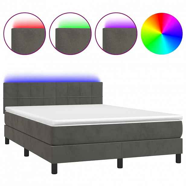 vidaXL Box spring postel s matrací a LED tmavě šedá 140x190 cm samet