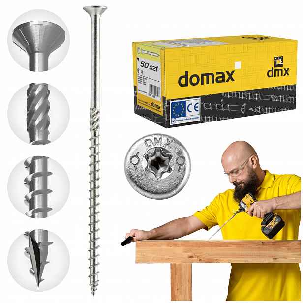 Tesařské Vruty 10x400 Kuželové Torx 50 ks Do Dřeva Domax Cs Stříbrné