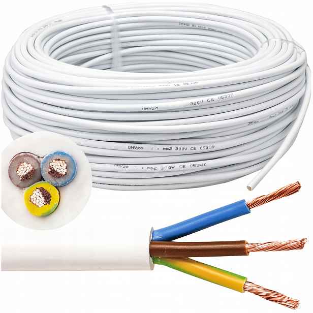 Kulatý Kabel 100 m Bílý Ohebný Linkový proudový kabel Omy 3x1,5 mm2