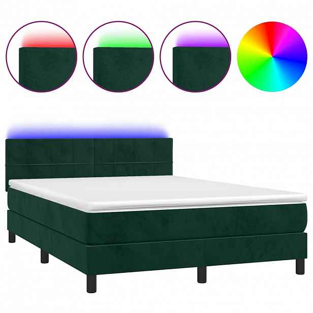 vidaXL Box spring postel s matrací a LED tmavě zelená 140x190 cm samet