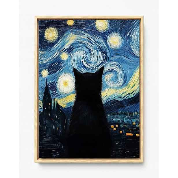 Obraz Rám American Box Van Gogh Styl Hvězdná Noc Černá Kočka 60x80
