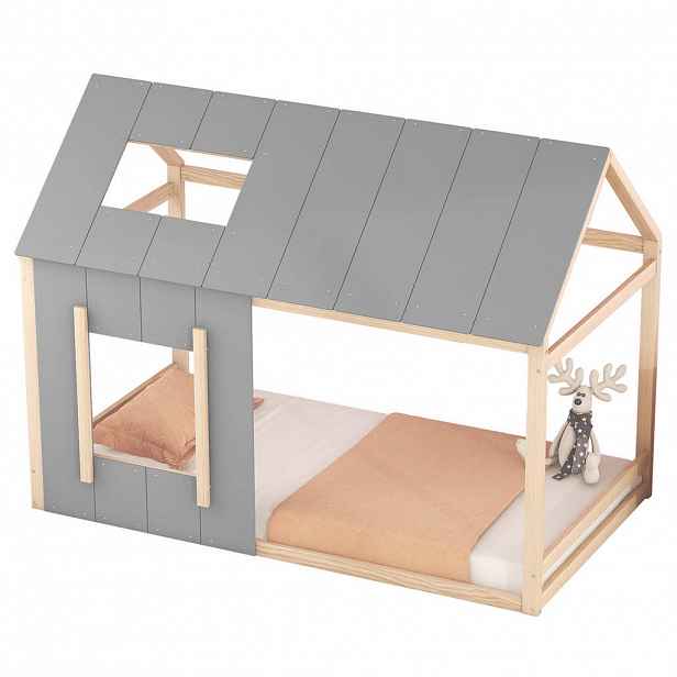 Redom DĚTSKÁ postýlka 90/200 cm v designu domečku s střechou a oknem, stabilní rám a kreativní dekorování, Naturální/Šedá
