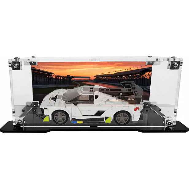 Vitrína s černou základnou a pozadím pro stavebnici Lego 76900 Koenigsegg Jesko