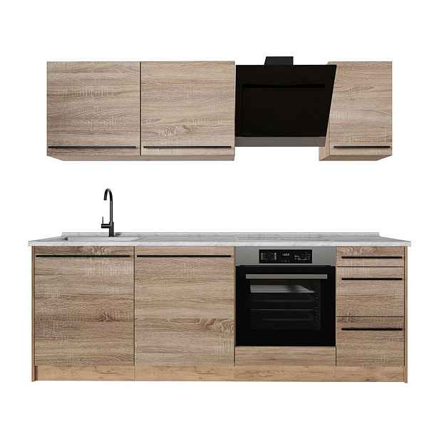 Vicco KUCHYŇSKÝ KOUT R-Line, Sonoma/Zlatý mocný dub, 220 cm pracovná doska Mramor