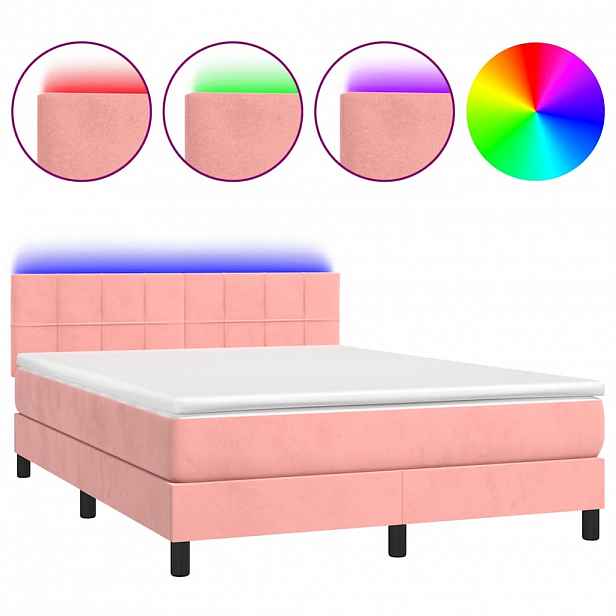 vidaXL Box spring postel s matrací a LED růžová 140x190 cm samet