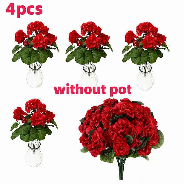 TEMU 120 květů = 4 kytice červených umělých pelargonií, UV-odolné umělé květiny, vhodné pro venkovní květináče, okenní rámy, dvorky, hřbitovy a