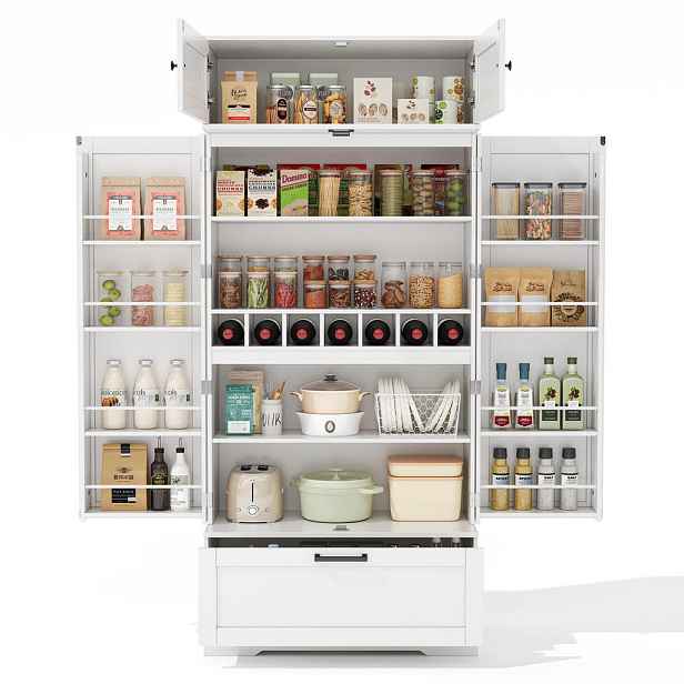 Modenvie BUFFET skříň z MDF, 80/40/180 cm bílá, se zásuvkou a regálem na víno
