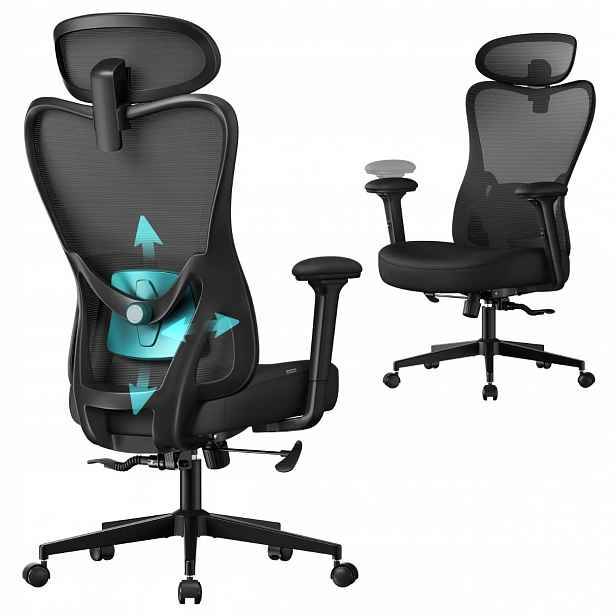 Otočné Kancelářské Křeslo Ergonomické křeslo, černé, nastavitelné, počítačové