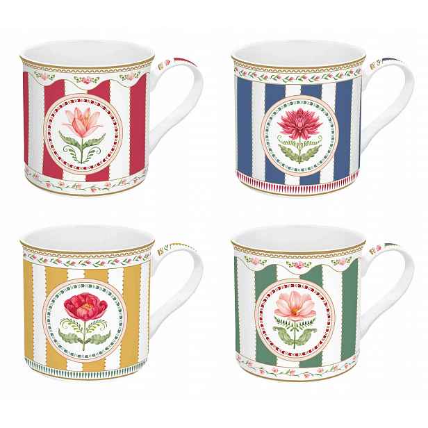 4 x velké hrnky 300 ml, minimalismus, motiv květin, barevné proužky jako dárek