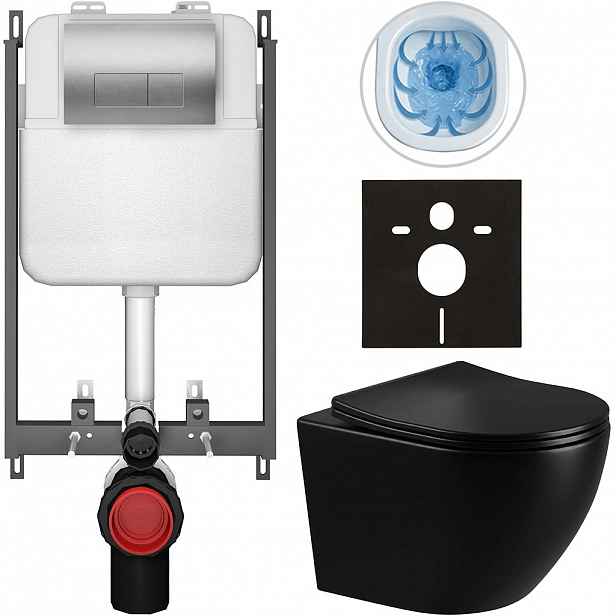 Kompletní WC set Basic/Cesso - černá lesklá - WC tlačítko Modulo/Stříbrná - pro zazdění - 49x36 cm