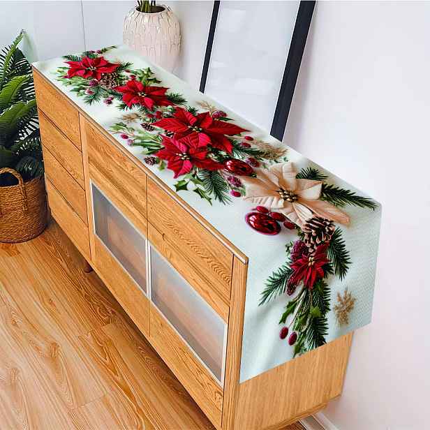 TEMU Červený Květinový Běhoun na Stůl pro Valentýna - Sváteční Věnec Tisk, Polyester, Ideální pro Domácí Dekorace & Dárky k Novému Roku