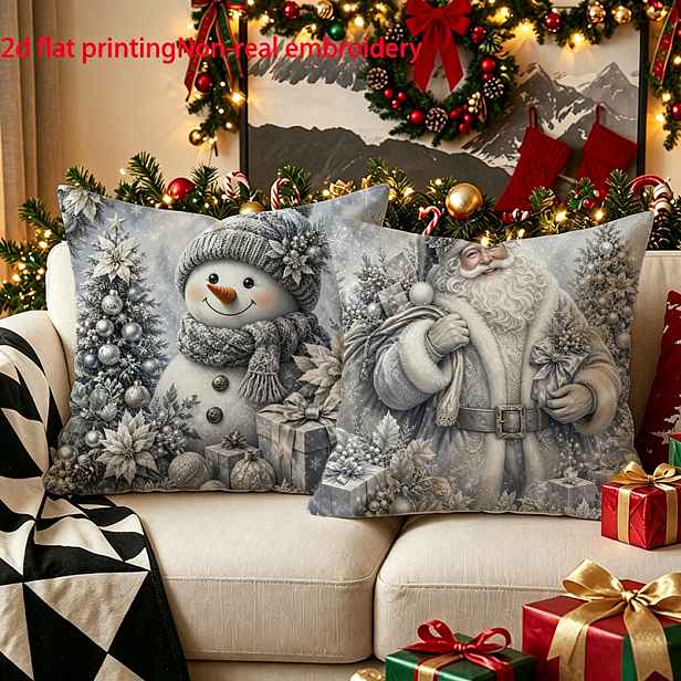 TEMU 2D ploché, 2 ks, Vánoční Santa Claus Sněhulák Stříbrno-šedé transferové povlaky na polštáře, Retro Distressed styl bytové dekorace, Dárky pro