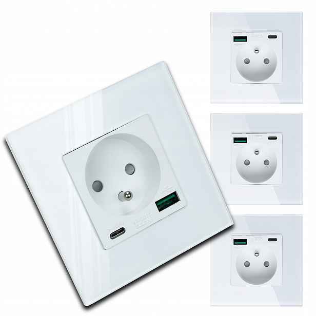 4x Moderní Bílá Elektrická Zásuvka Sklo S Vestavěnou Usb Nabíječkou