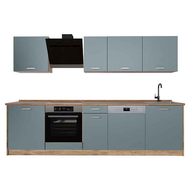 Vicco KUCHYŇSKÝ KOUT R-Line, Modrošedá/Zlatý mocný dub, 280 cm pracovná doska Dub Goldkraft
