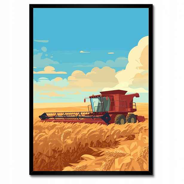 Plakáty v rámu 50x70 Červený kombajn v poli na sklizni