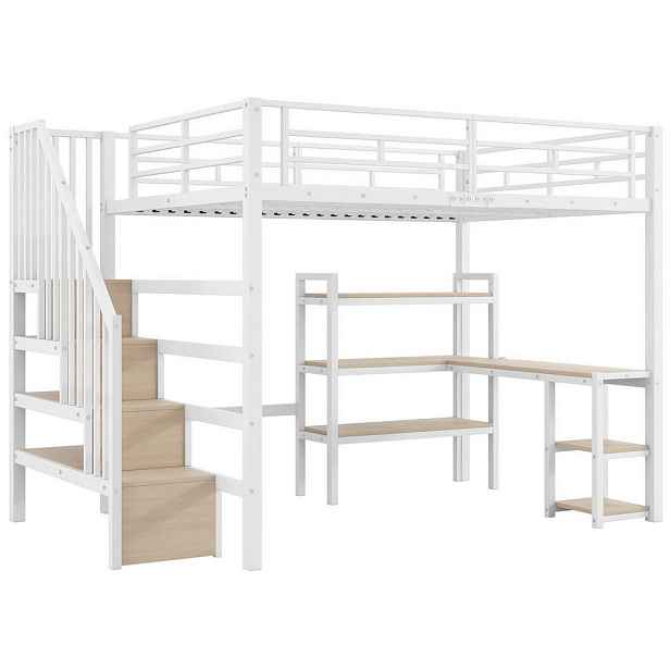 OKWISH PATROVÁ postel 140/200 cm bílá z kovu a MDF s psacím stolem a LED osvětlením