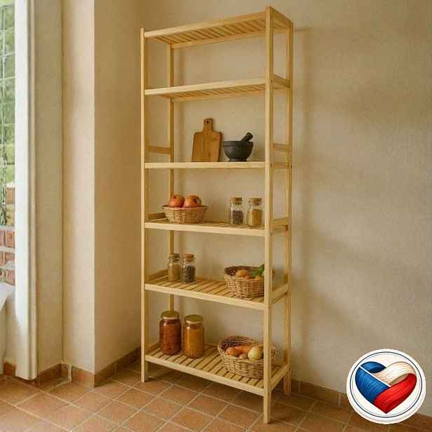 Regál borovicový 6 polic 213 cm, přírodní dřevo, ČR
