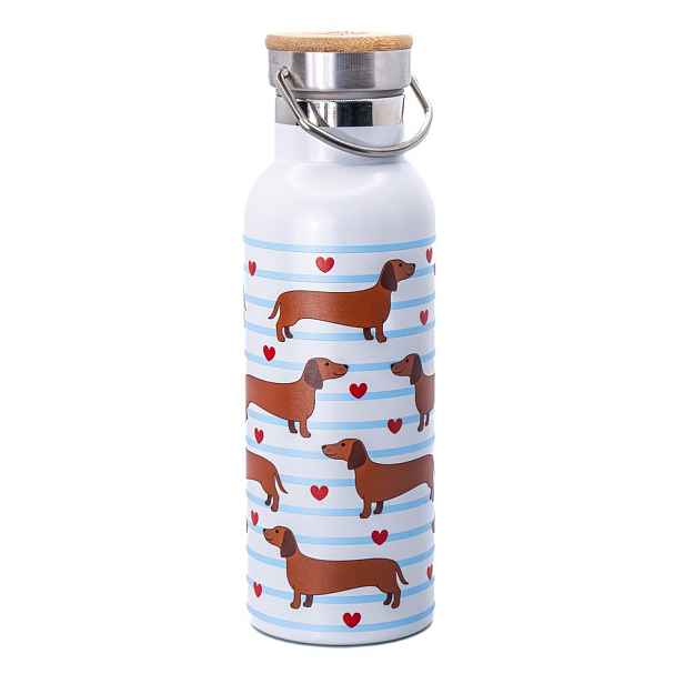 Světle modrá/hnědá cestovní nerezová lahev 425 ml Sausage Dog – Sass & Belle