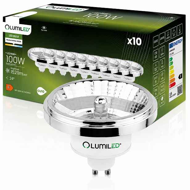 10x Led žárovka GU10 AR111 ES111 15W 100W 4000K 24° Stříbrná Lumiled