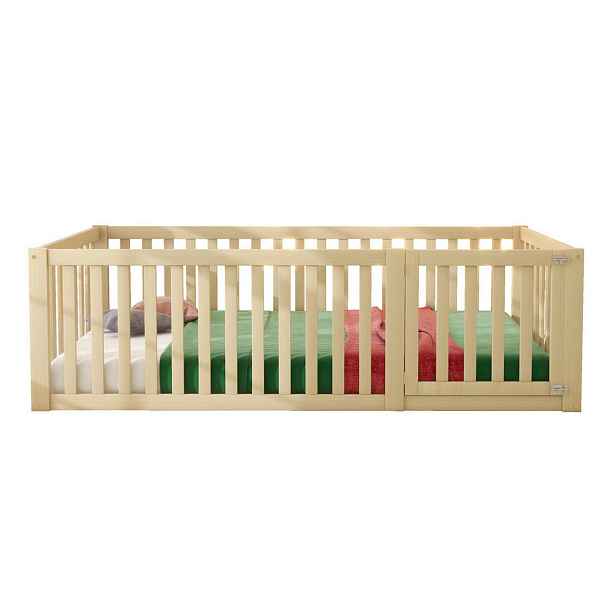 OKWISH DĚTSKÁ postel 90/200 cm přírodní z masivní borovice s dvířky a zábranou