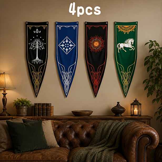 TEMU 4 ks vlajek s Pánů prstenů, Gondor Bílé , Rohan Bílá Kůň, Sauron Oko Dekorativní vlajky, Středověké fantasy nástěnné dekorace pro domácí ložnici