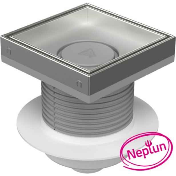 Chuděj Podlahová vpust spodní DN50; plovák Neptun; mřížka 150x150 mm nerez CERAMICS (Gule spodní DN50 s nerez mřížkou pro vložení dlažby)