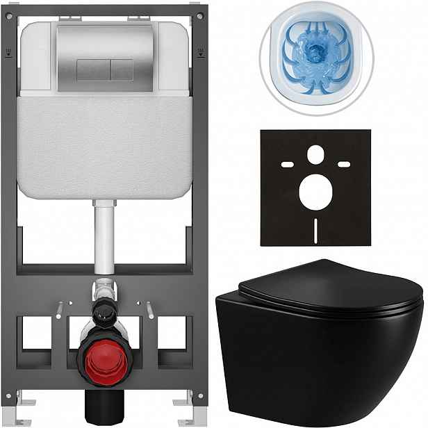 Kompletní WC set Basic/Cesso - černá lesklá - WC tlačítko Modulo/Stříbrná - volně stojící - předstěnová instalace - 49x36 cm