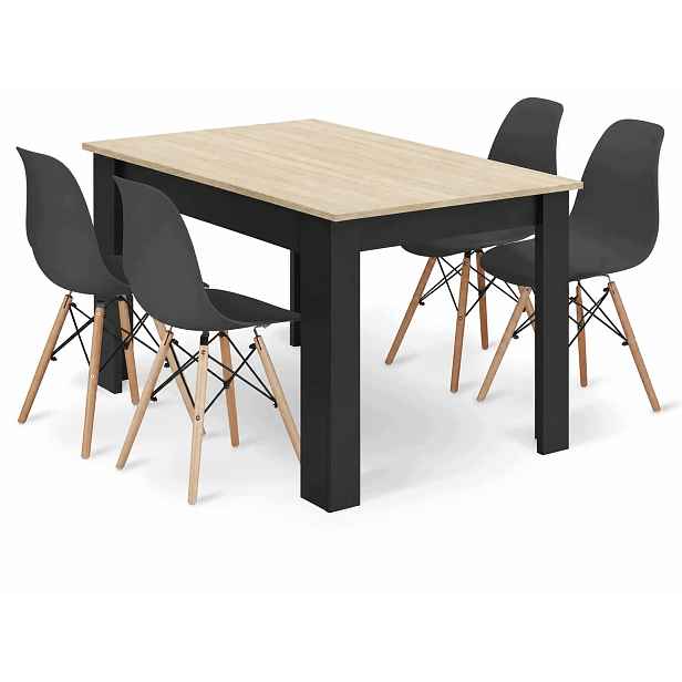 Jídelní stůl 120x80 cm, dekor dub sonoma s černými nohami 4 skandinávské židle, černé