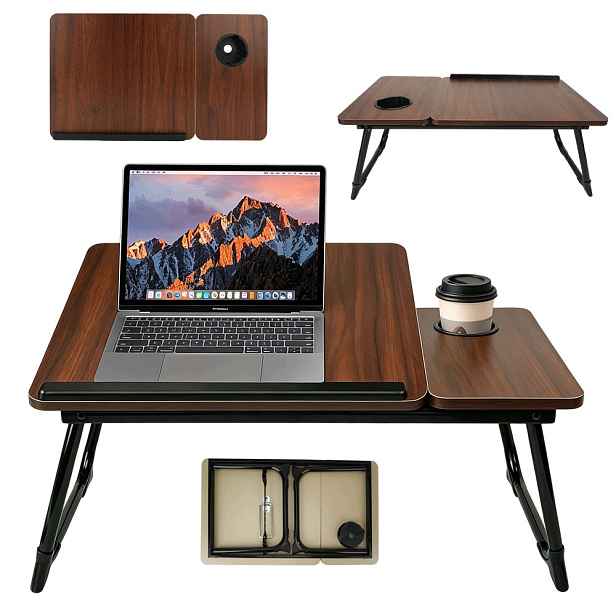 Skládací stolek pod notebook, nastavitelný, sklápěcí, ořechový, 56 cm