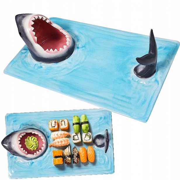 Keramický talíř na servírování sushi Modro-dekorativní 3D žraloka 33 cm
