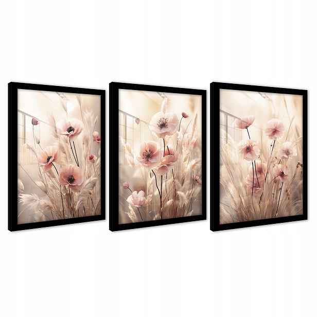 Plakáty Boho Tráva Květiny Na Zeď V Černém Rámu Obrazy 3 Díly 43x99