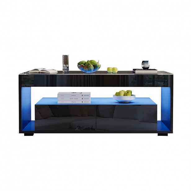 Redom KONFERENČNÍ stolek 100/50/40 cm s LED osvětlením, 2 zásuvkami a skleněnou deskou, černá
