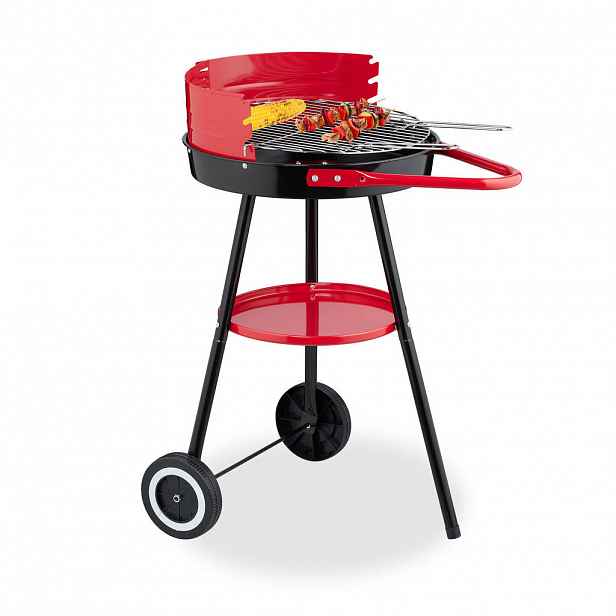 Relaxdays GRIL Černá Červená na dřevěné uhlí kulatý s kolečky 42 cm