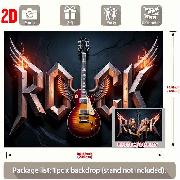 TEMU 2D Plochý, 1ks Závěsná nástěnná vlajka s rockové kytary a plamenných křídel - Pozadí s tématikou rockové hudby vhodné pro, párty potřeby,