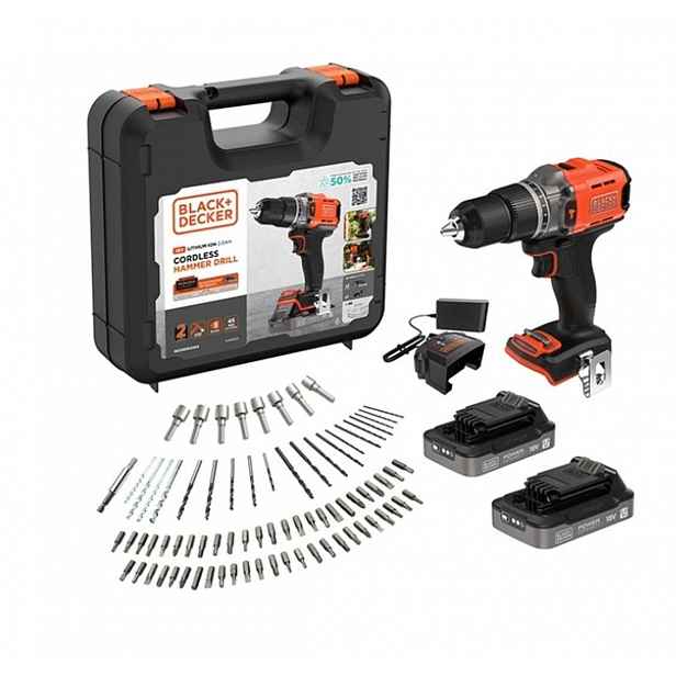 BLACK+DECKER - 18V AKU vrtací šroubovák s příklepem, s příslušenstvím, 2x aku 2,0 Ah Li-Ion, nabíječka BCD383D2XKA-QW