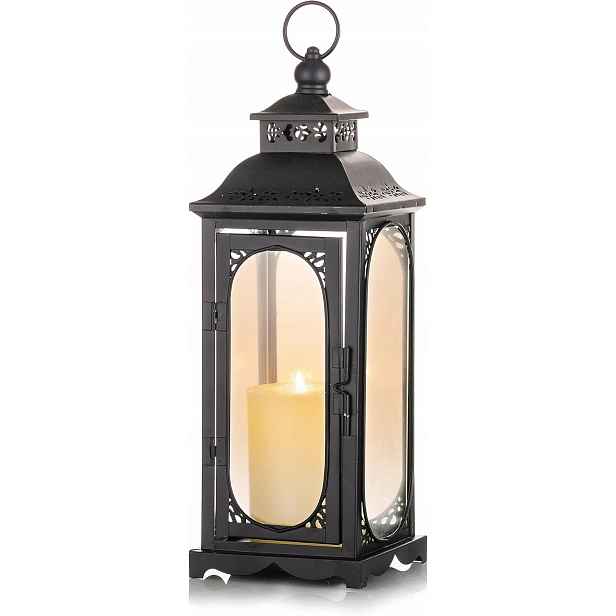 Lampion Černý Kovový 34,5 cm Vintage ze skla, vánoční dekorace