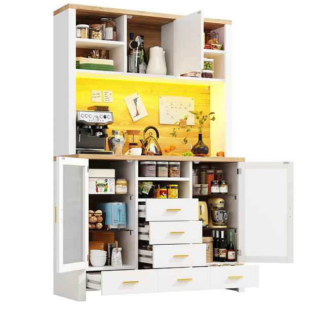 Modenvie BUFFET 120/40/188 cm z MDF a skla bílý s dekorem dřeva a LED osvětlením