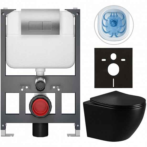 Kompletní WC set Basic/Cesso - černá lesklá - WC tlačítko Modulo/Stříbrná - závěsné - nízký modul - předstěnová instalace - 49x36 cm