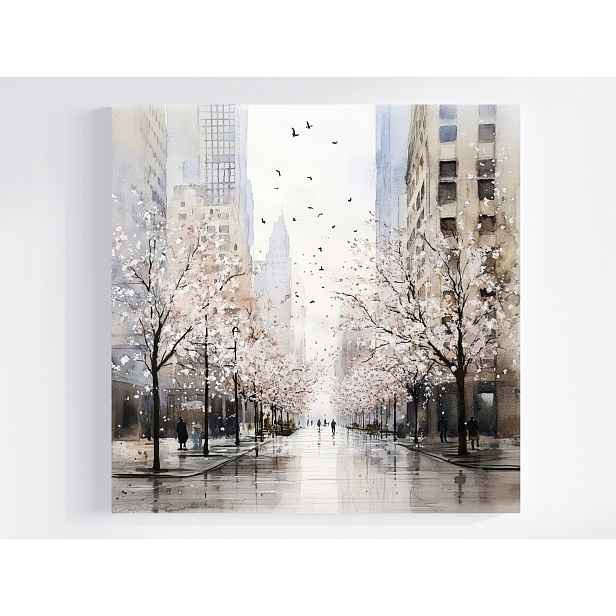 Obraz Na Plátně Canvas Městská Aleja Bílé Květiny Mrakodrapy Akvarel 50x50
