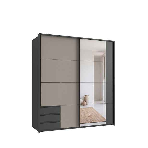 luma-home SKŘÍŇ S VZVÁJENÝMI DVEŘMI, 2dveřová, skříň Passepartout se zrcadlem a viditelnými zásuvkami v barvě grafit, 1x dveře v barvě pískově šedé /
