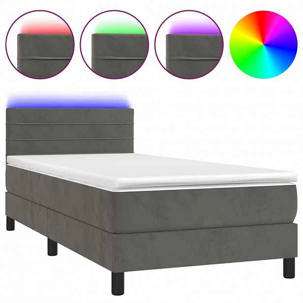vidaXL Box spring postel s matrací a LED tmavě šedá 80 x 200 cm samet